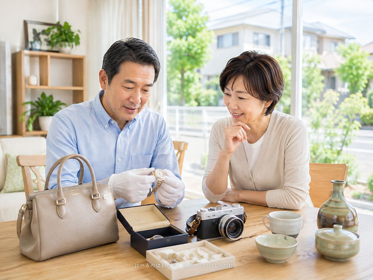 清瀬市で出張買取を相談できる品物のイメージ 清瀬市の住宅でブランド品や時計やカメラなどを整理しているイメージ