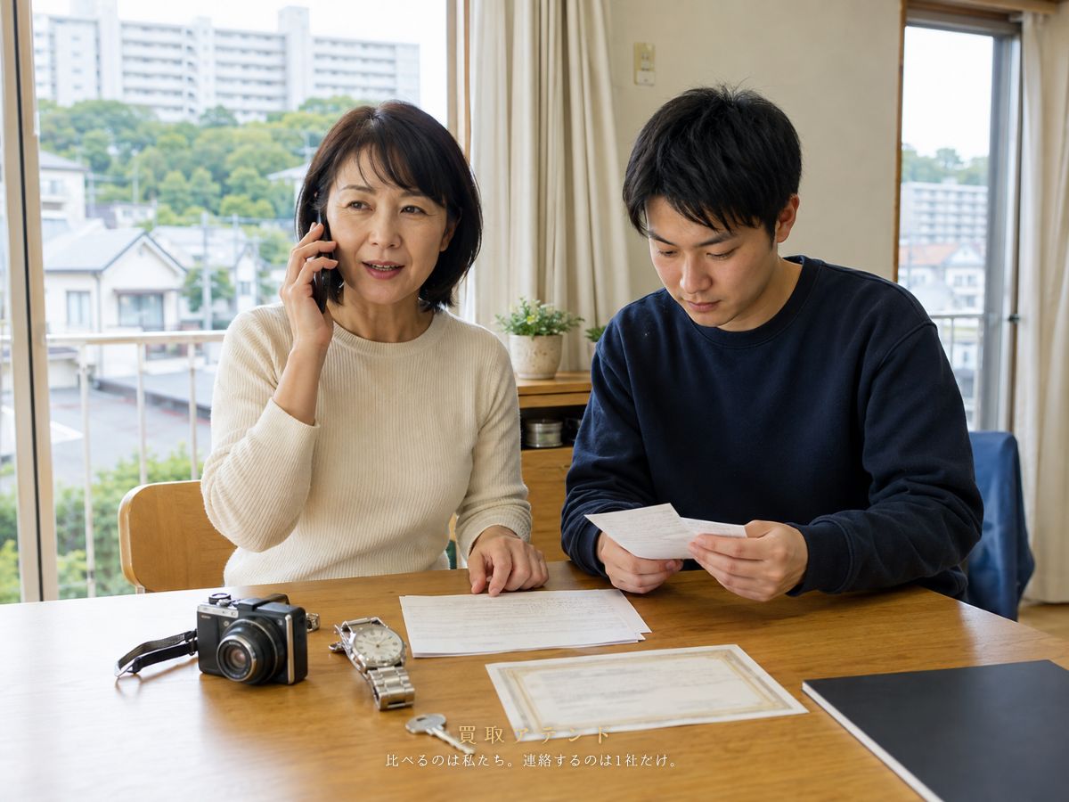 清瀬市の出張買取相談前に品物と建物条件を確認するイメージ 日本人家族が清瀬市の出張買取相談内容を電話とメモで確認しているイメージ