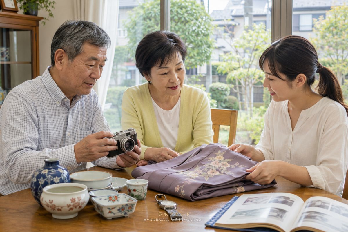 小平市の自宅で出張買取の相談品を確認する家族 小平市の戸建てで日本人家族が出張買取に相談する品物を確認しているイメージ