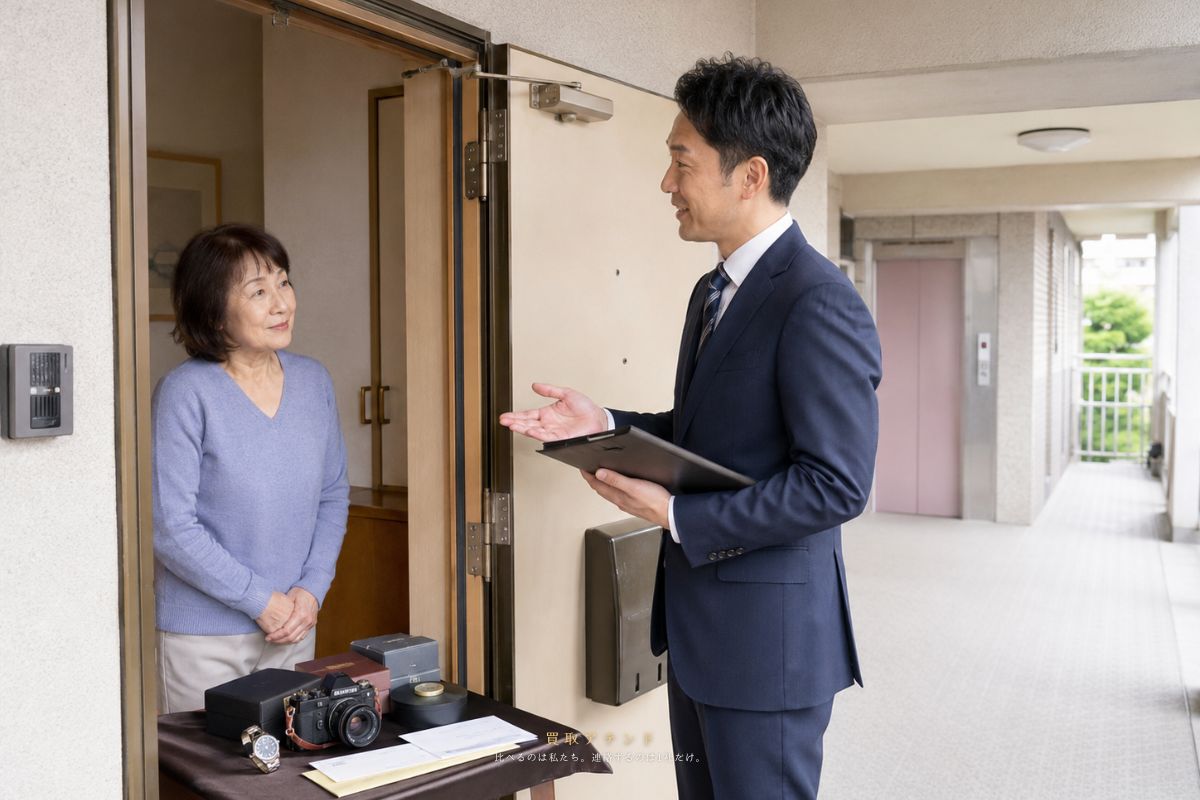 小平市の玄関で出張買取の査定説明を受けるイメージ 小平市の集合住宅の玄関で日本人住人が出張買取スタッフから査定説明を受けるイメージ