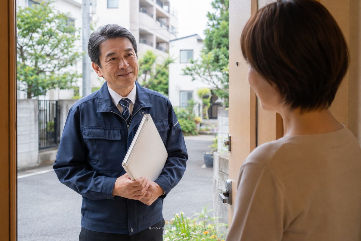 小平市の住宅へ出張買取スタッフが訪問するイメージ 小平市の住宅街にある戸建てと集合住宅へ出張買取スタッフが訪問するイメージ