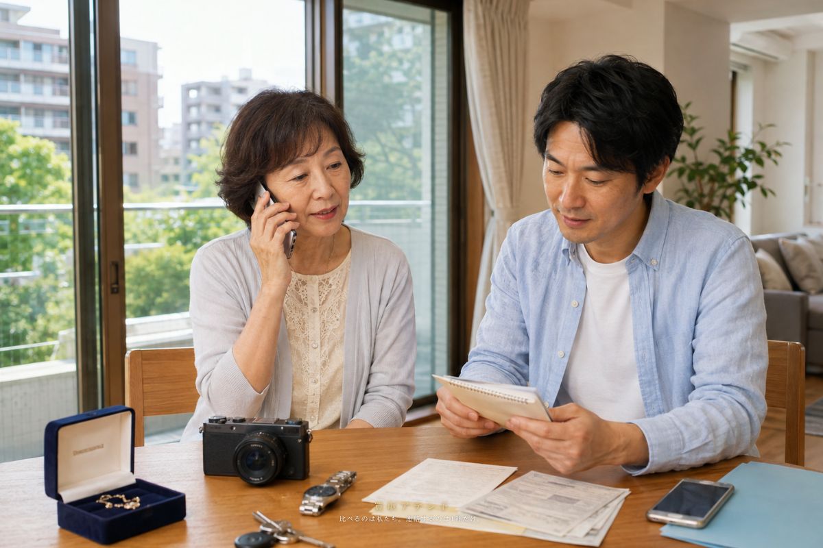 小平市の出張買取相談前に内容を確認するイメージ 日本人親子が小平市の出張買取相談内容を電話とメモで確認しているイメージ