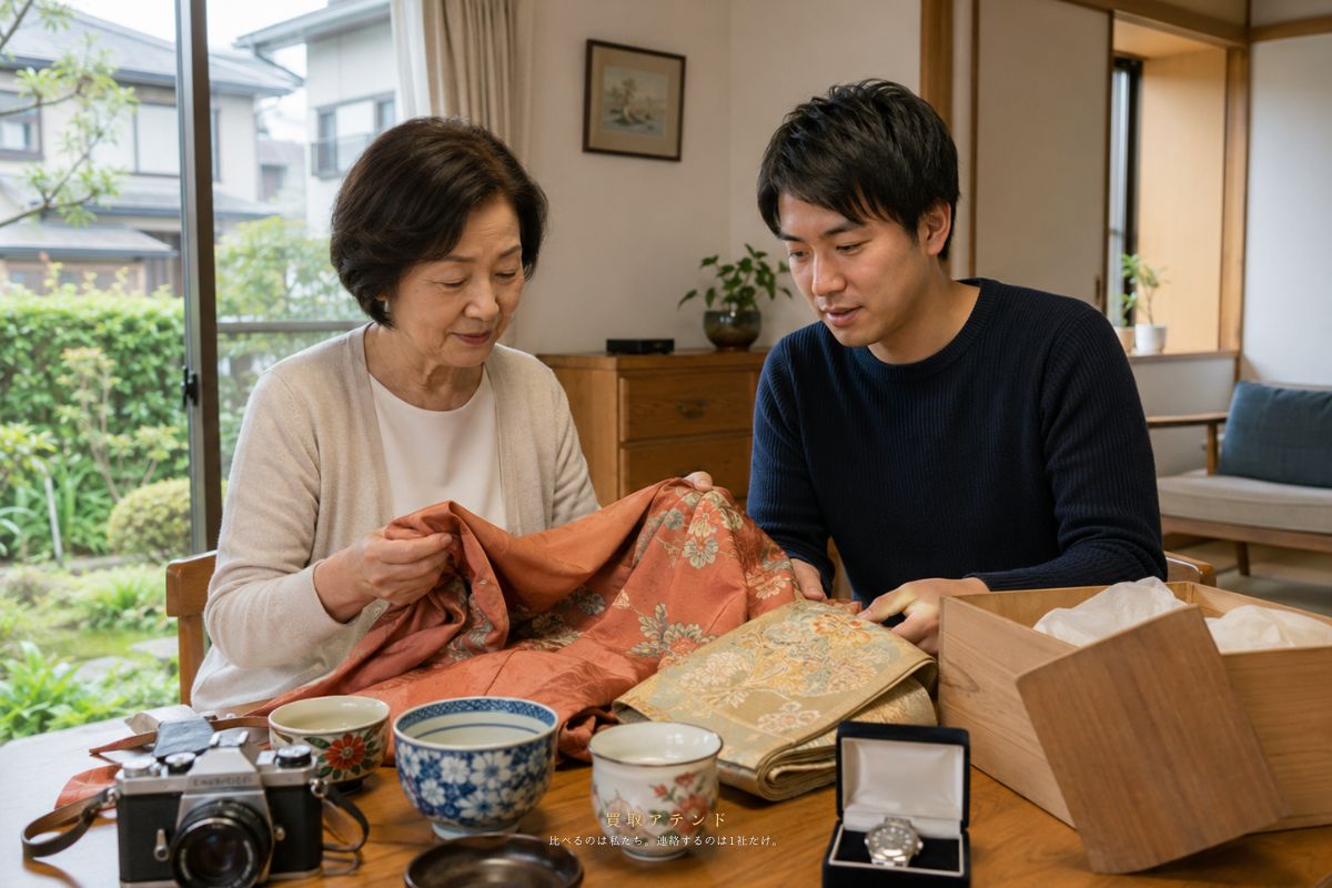 小金井市で実家整理に伴う出張買取を相談するイメージ 小金井市の戸建てで日本人親子が実家整理の品物を確認しているイメージ