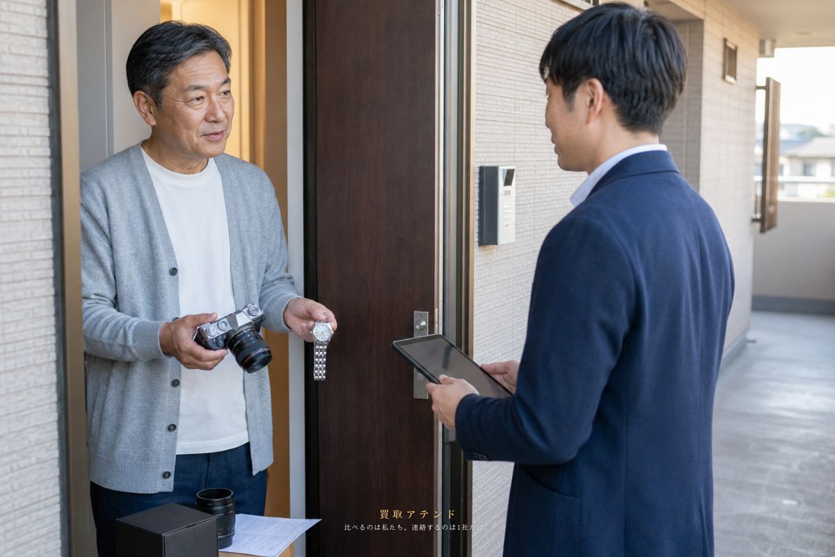 小金井市の玄関で出張買取の訪問査定を受けるイメージ 小金井市のマンション玄関で住人が出張買取スタッフに査定品を見せるイメージ