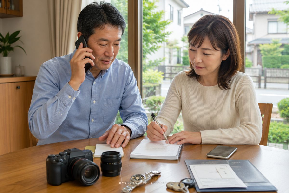 小金井市の出張買取相談前に内容を確認するイメージ 日本人夫婦が小金井市の出張買取相談内容を電話とメモで確認しているイメージ