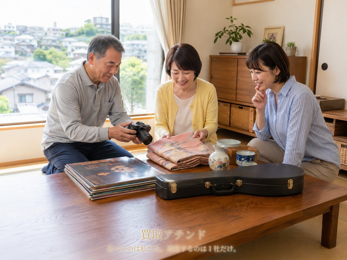 港北区の戸建てで日本人家族が着物や食器、カメラ、レコード、楽器を確認しているイメージ