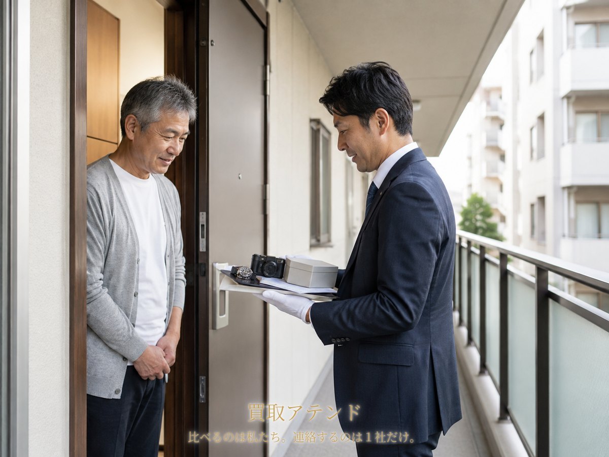 港北区の集合住宅の玄関で住人が室内側、紹介先スタッフが共用廊下側から品物を確認しているイメージ