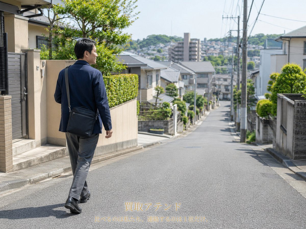 日本人スタッフが港北区の坂のある住宅街を歩いて出張買取の訪問先へ向かうイメージ