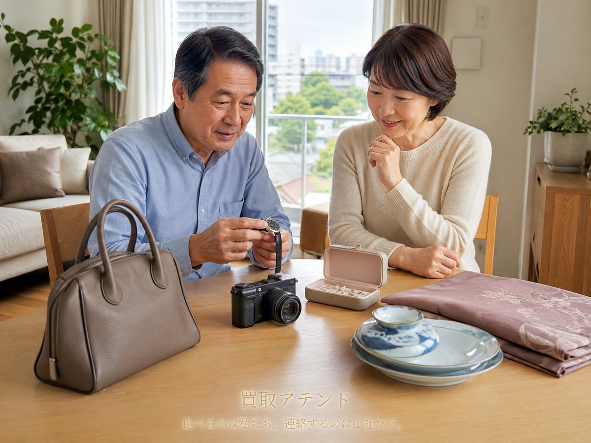 港北区の集合住宅で日本人夫婦が時計やカメラ、バッグ、ジュエリー、食器を確認しているイメージ
