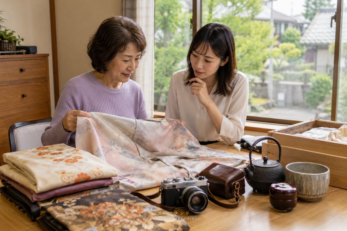 国分寺市で出張買取を相談する場面のイメージ 国分寺市の自宅で家族が出張買取の相談品を整理しているイメージ
