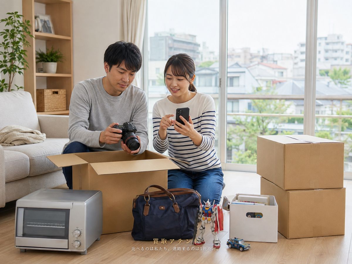 狛江市のマンションで日本人夫婦が引越し前に売りたい品物を確認しているイメージ