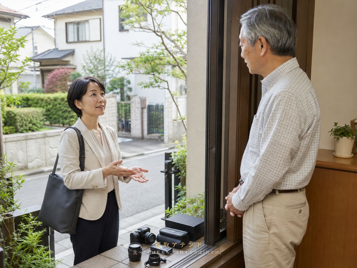 狛江市の戸建て玄関で住人が出張買取スタッフから査定説明を受けるイメージ