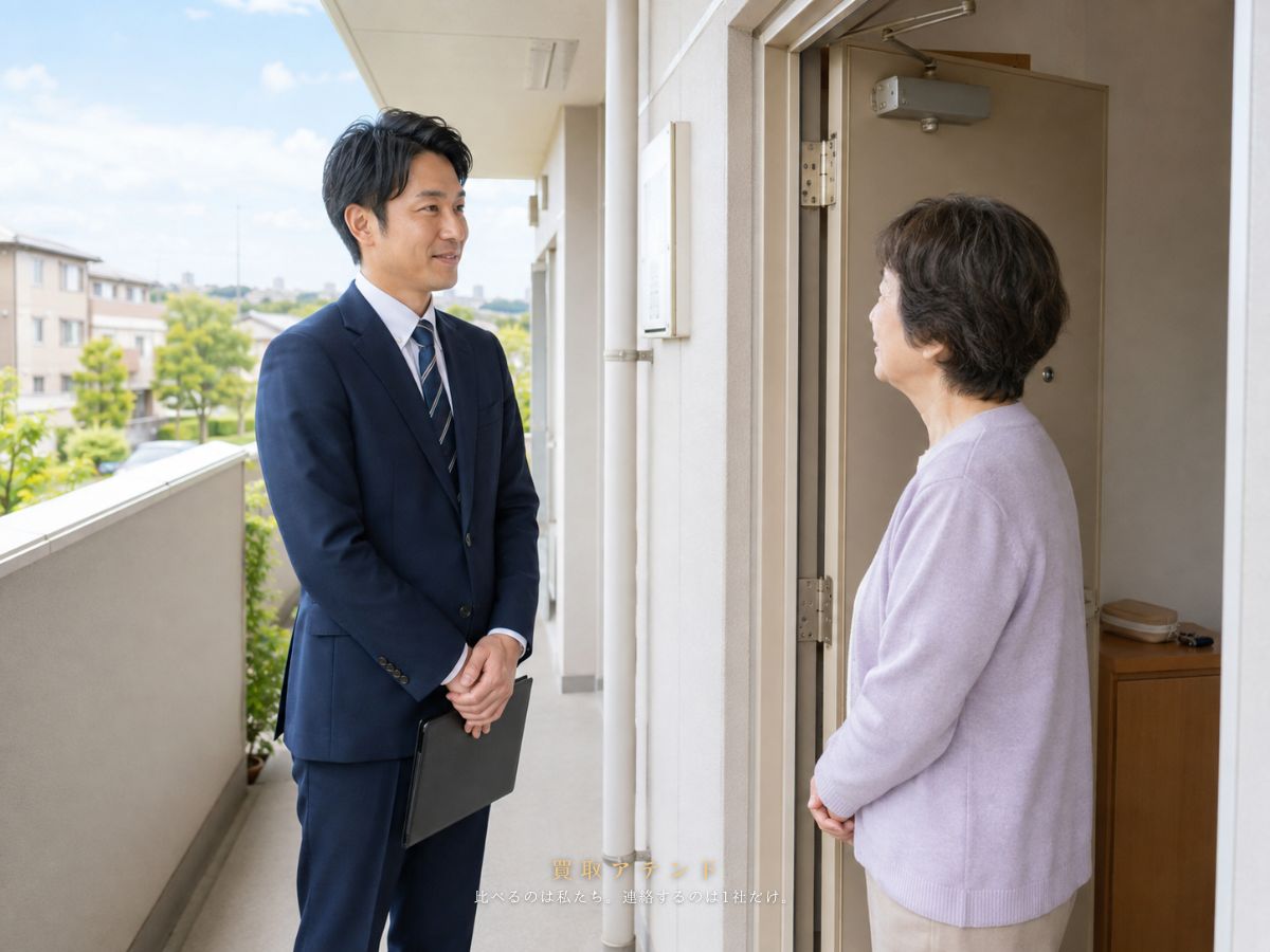 狛江市の低層住宅やマンションがある街で出張買取スタッフが玄関を訪問するイメージ