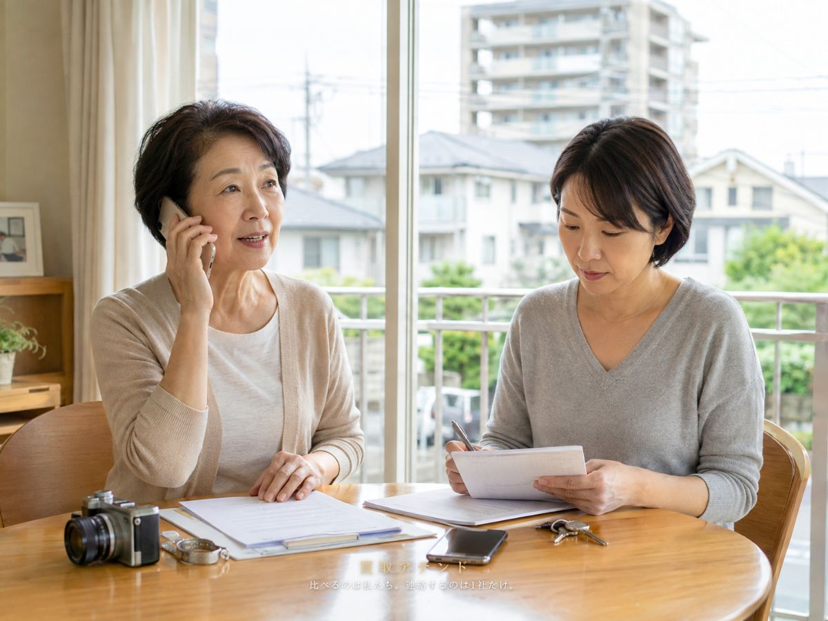 日本人親子が狛江市の出張買取相談内容を電話とメモで確認しているイメージ