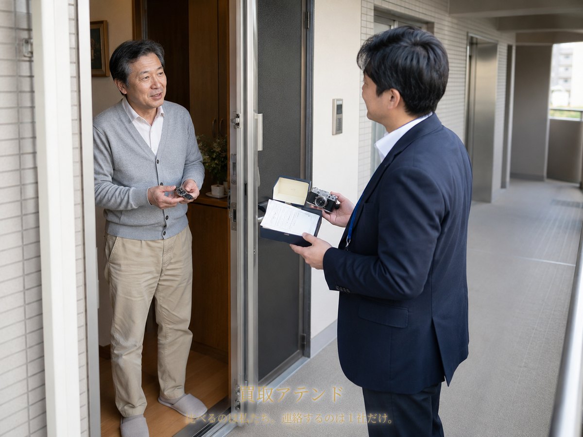 港南区の集合住宅玄関で住人が室内側、紹介先スタッフが共用廊下側から品物を確認するイメージ