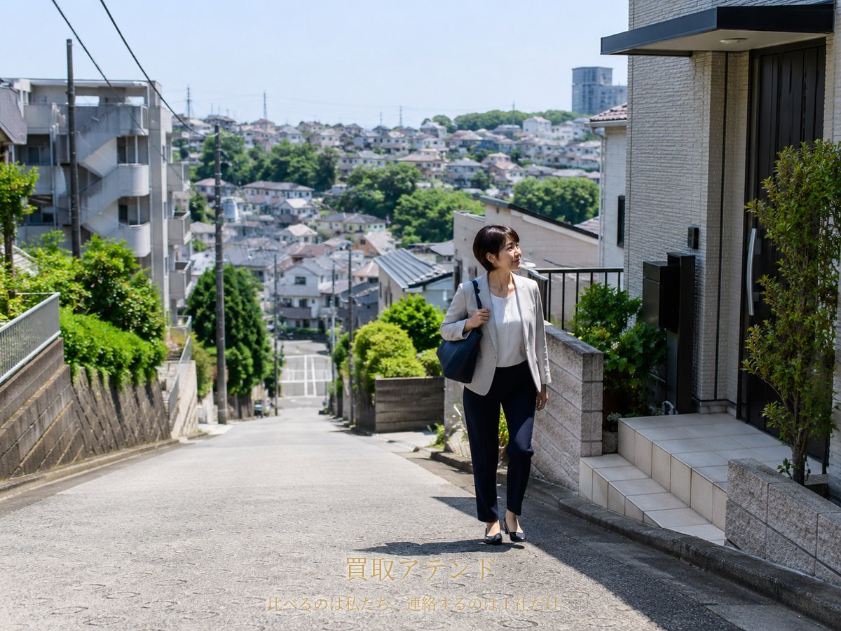 日本人スタッフが港南区の坂のある住宅街で出張買取の訪問先へ向かうイメージ