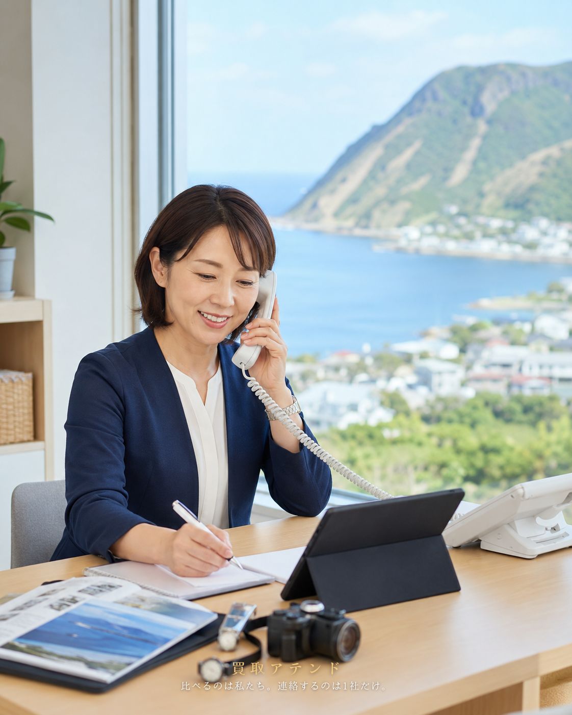 神津島村の出張買取相談を電話確認する日本人スタッフ 日本人スタッフが神津島村の出張買取相談内容を電話で確認しているイメージ