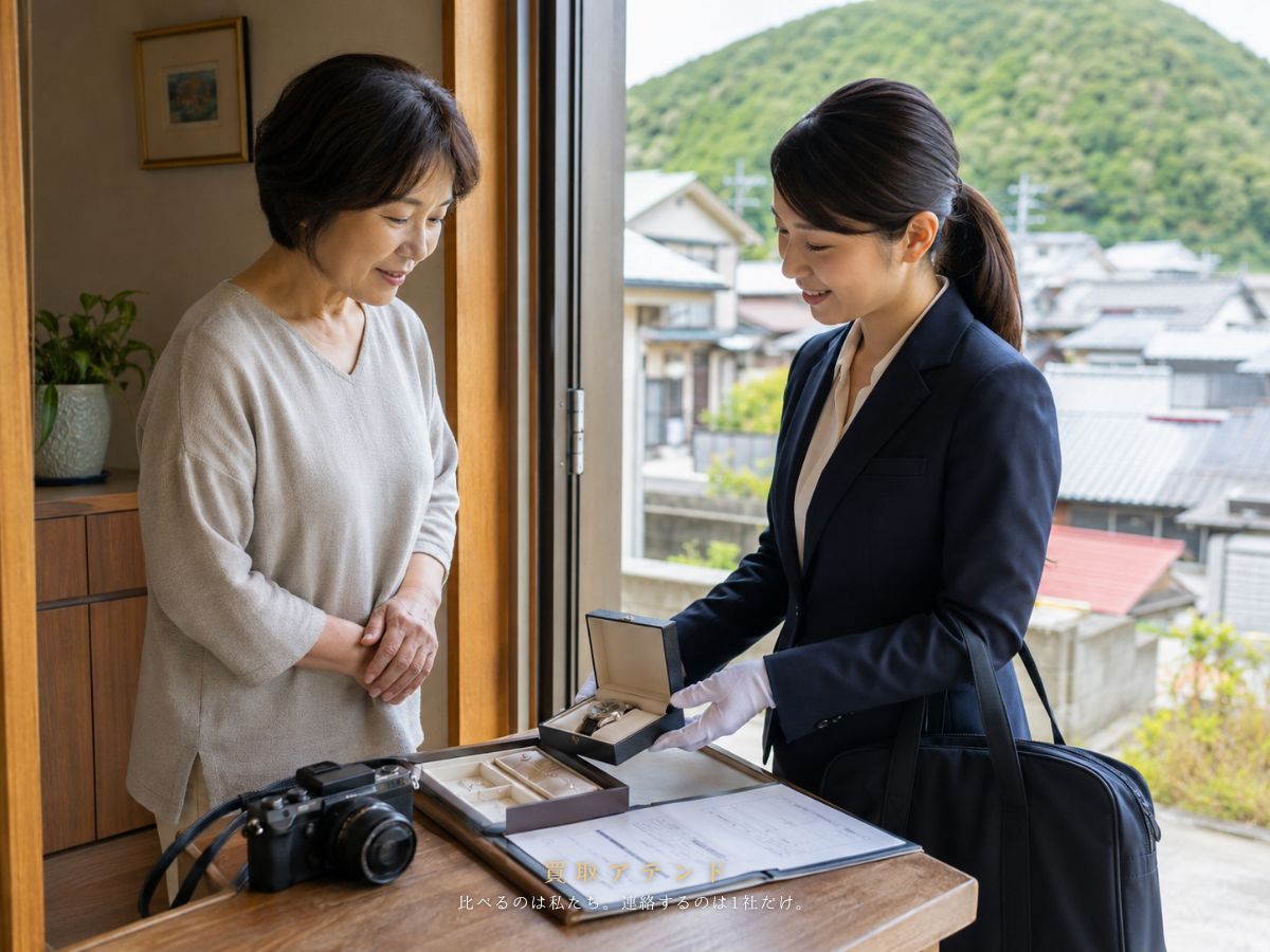 神津島村の玄関で行う出張買取査定のイメージ 神津島村の戸建て玄関で住人が出張買取スタッフと品物を確認しているイメージ
