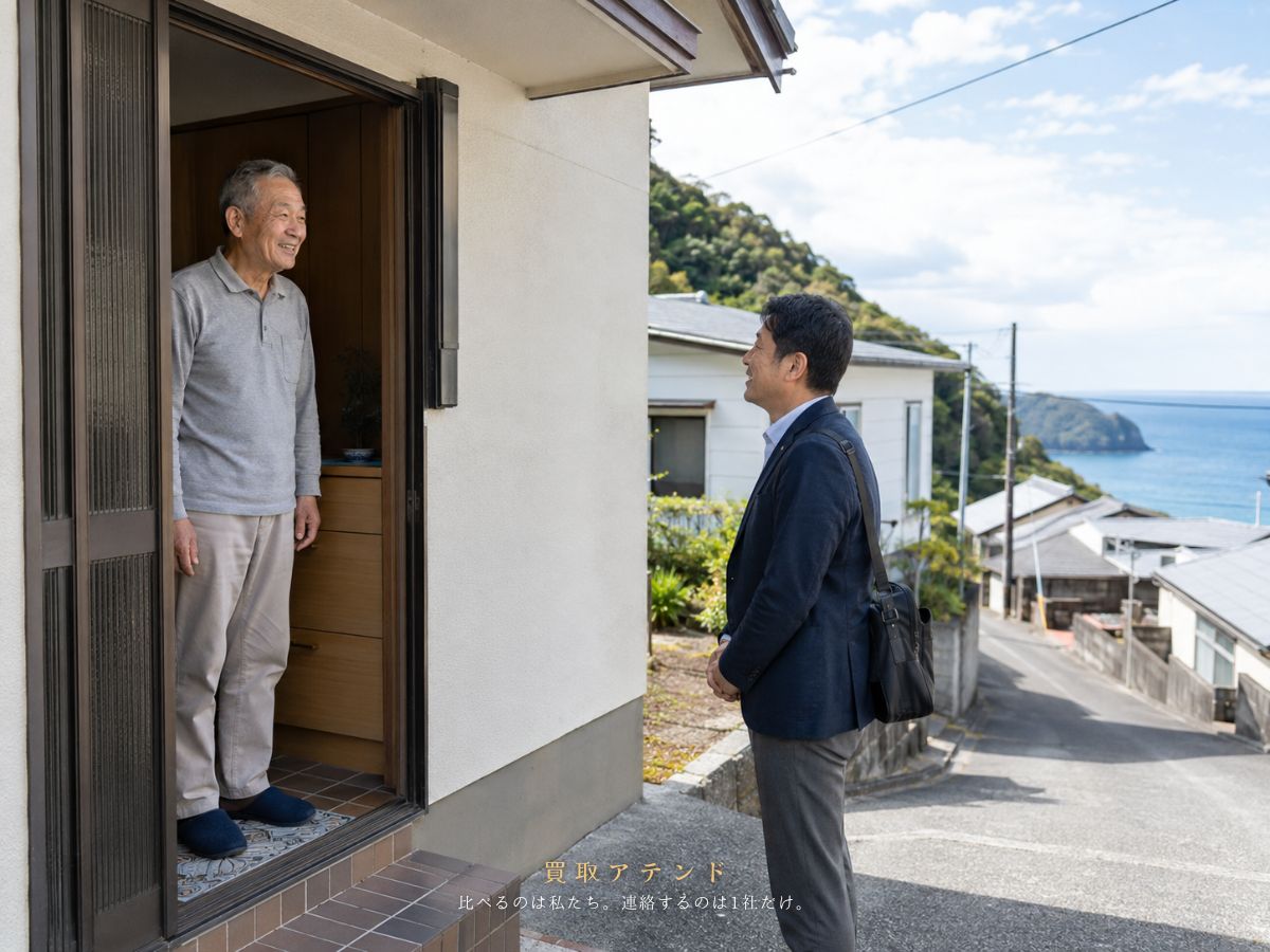 神津島村の住宅と出張買取の訪問イメージ 神津島村の集落にある戸建て住宅へ出張買取スタッフが訪問するイメージ