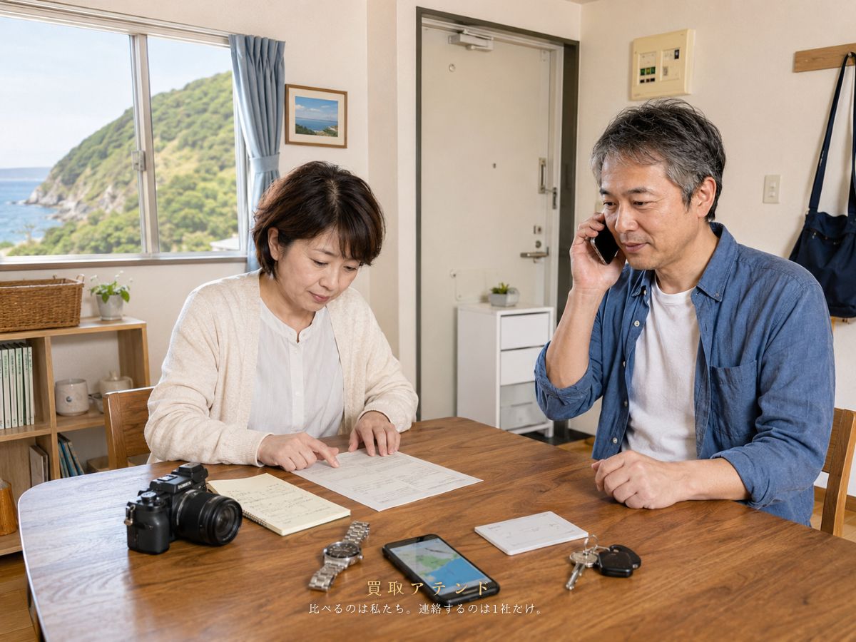 神津島村の出張買取相談前に品物と訪問条件を確認するイメージ 日本人家族が神津島村の出張買取相談内容を電話とメモで確認しているイメージ