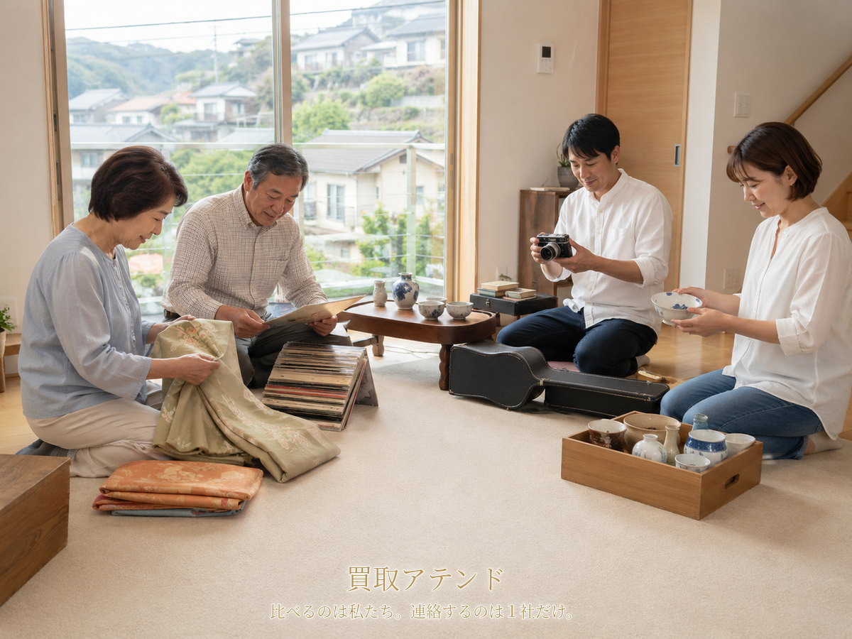 真鶴町の自宅で出張買取の相談品を家族で確認するイメージ 真鶴町の明るい住宅で日本人の親世代と子世代が着物、食器、カメラ、レコード、楽器ケースを確認しているイメージ