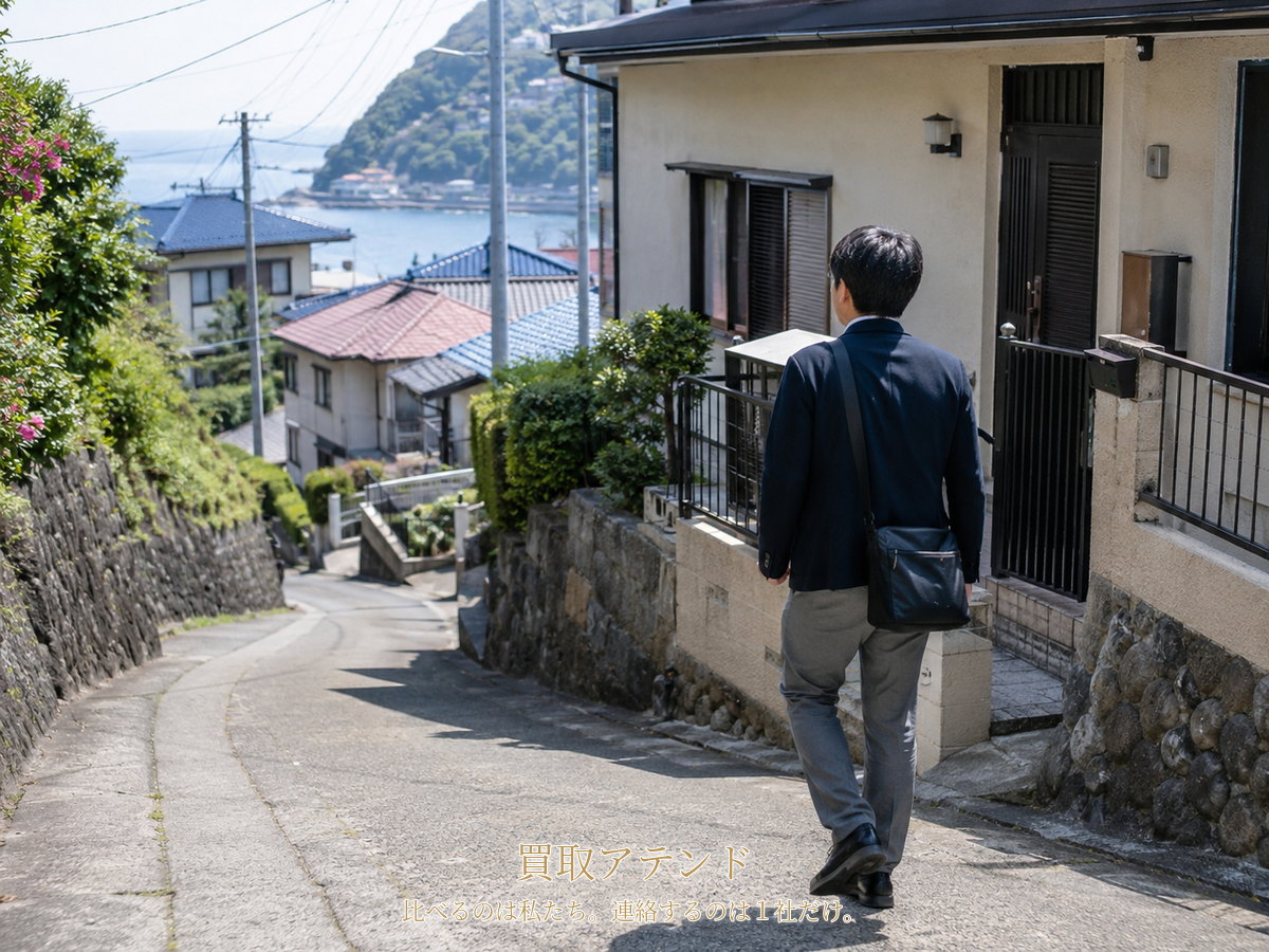 真鶴町の住宅地へ出張買取スタッフが訪問するイメージ 真鶴町の坂と細い生活道路がある住宅地を日本人スタッフが小型バッグで訪問するイメージ
