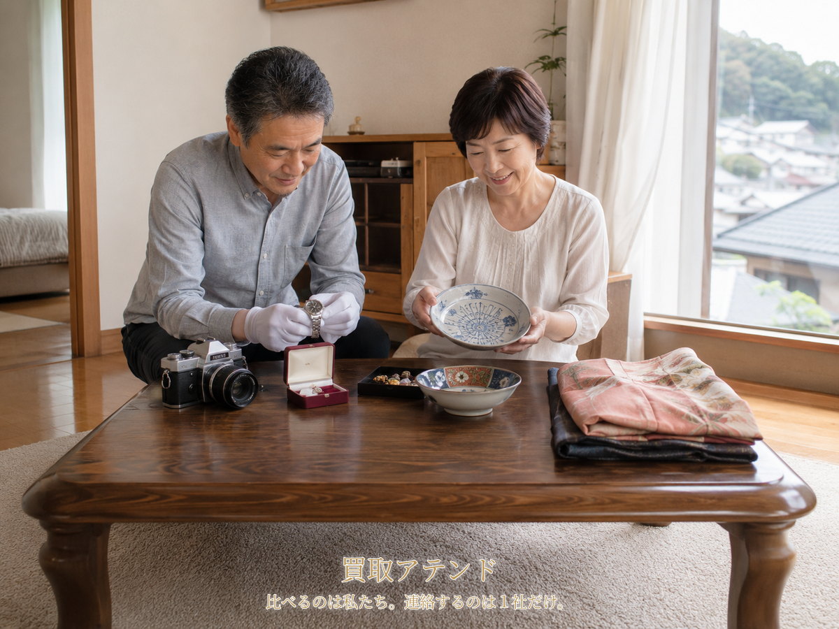 真鶴町で出張買取を相談できる品物のイメージ 真鶴町の戸建てで日本人夫婦が時計、カメラ、ジュエリー、食器、着物を確認しているイメージ