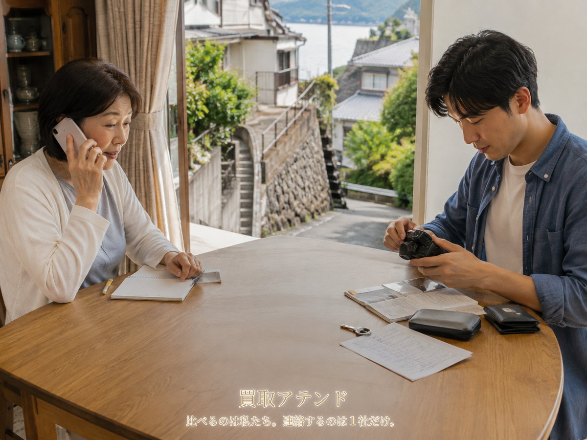 真鶴町の出張買取相談前に建物条件と品物を確認するイメージ 真鶴町の戸建てで日本人女性が電話し、家族がカメラ、保証書、鍵、建物条件のメモを確認しているイメージ