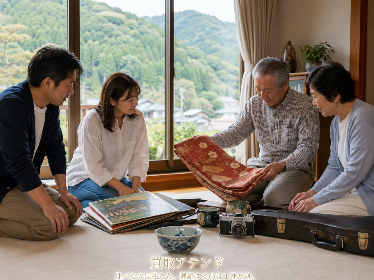松田町の自宅で出張買取の相談品を確認するイメージ 松田町の山あいの戸建てで日本人家族が着物や食器、カメラ、レコードを確認しているイメージ