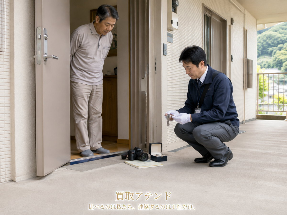 松田町の玄関先で行う出張買取査定のイメージ 松田町の低層集合住宅の玄関で住人が室内側、紹介先スタッフが共用廊下側から品物を確認するイメージ