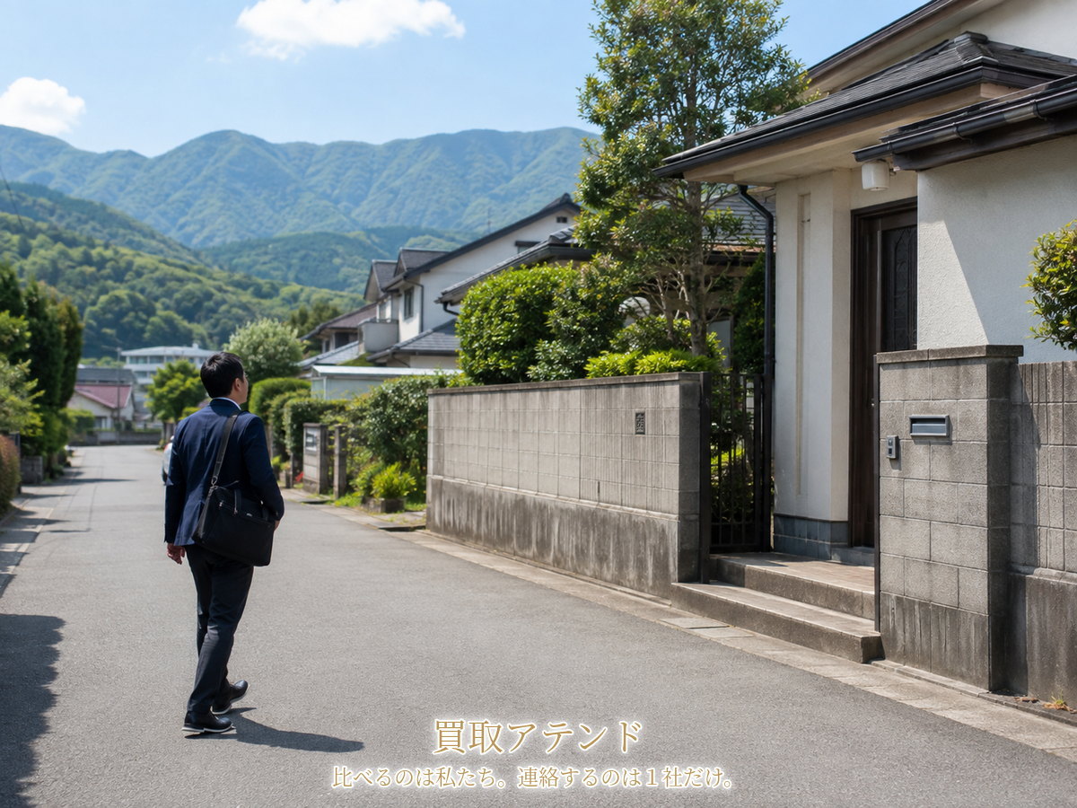 松田町の住宅街へ出張買取スタッフが訪問するイメージ 松田町の山並みが見える住宅街を日本人スタッフが訪問先の戸建てへ向かうイメージ