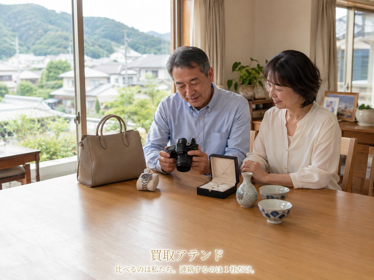 松田町で出張買取を相談できる品物のイメージ 松田町の戸建てで日本人夫婦がカメラや時計、バッグ、ジュエリー、食器を確認しているイメージ