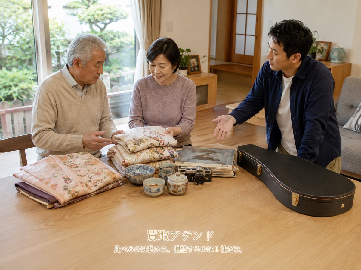 松戸市の戸建てで60代夫婦と家族が着物や食器、カメラ、レコード、楽器ケースを確認している様子