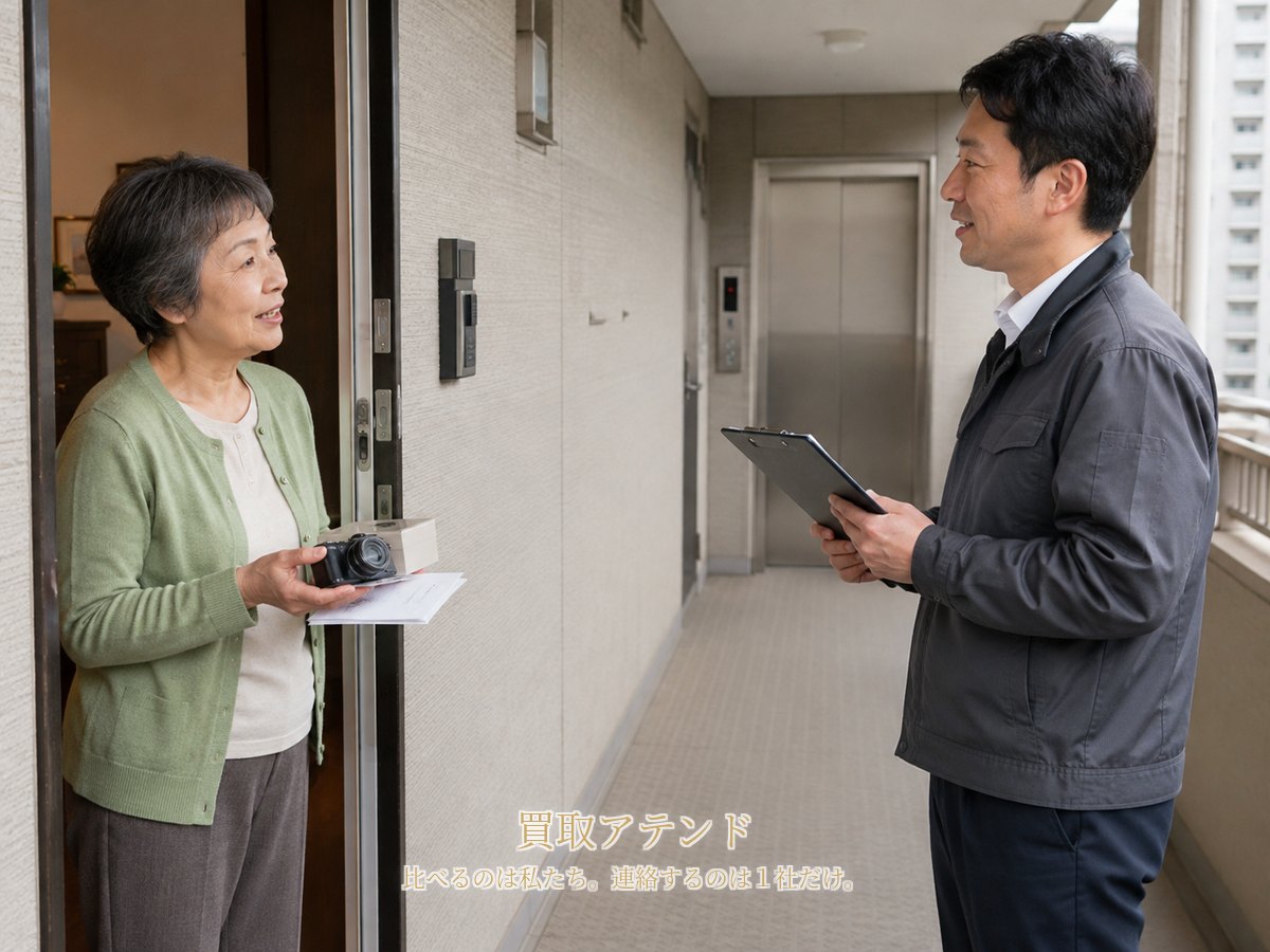 松戸市の集合住宅玄関で住人が室内側からカメラや小箱を示し紹介先スタッフが共用廊下側で確認している様子