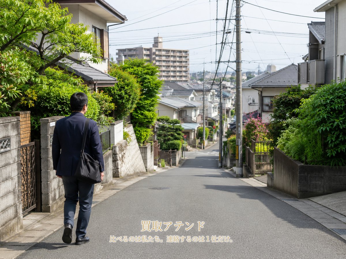松戸市の緩やかな坂がある住宅街を出張買取の紹介先スタッフが小型バッグで訪問先へ向かう様子