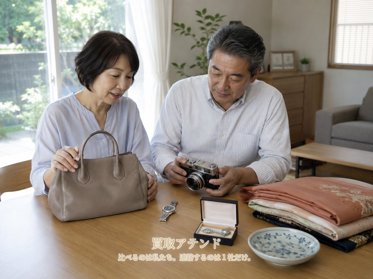 松戸市の戸建て室内で50代から60代の夫婦がバッグや時計、カメラ、着物、食器を確認している様子