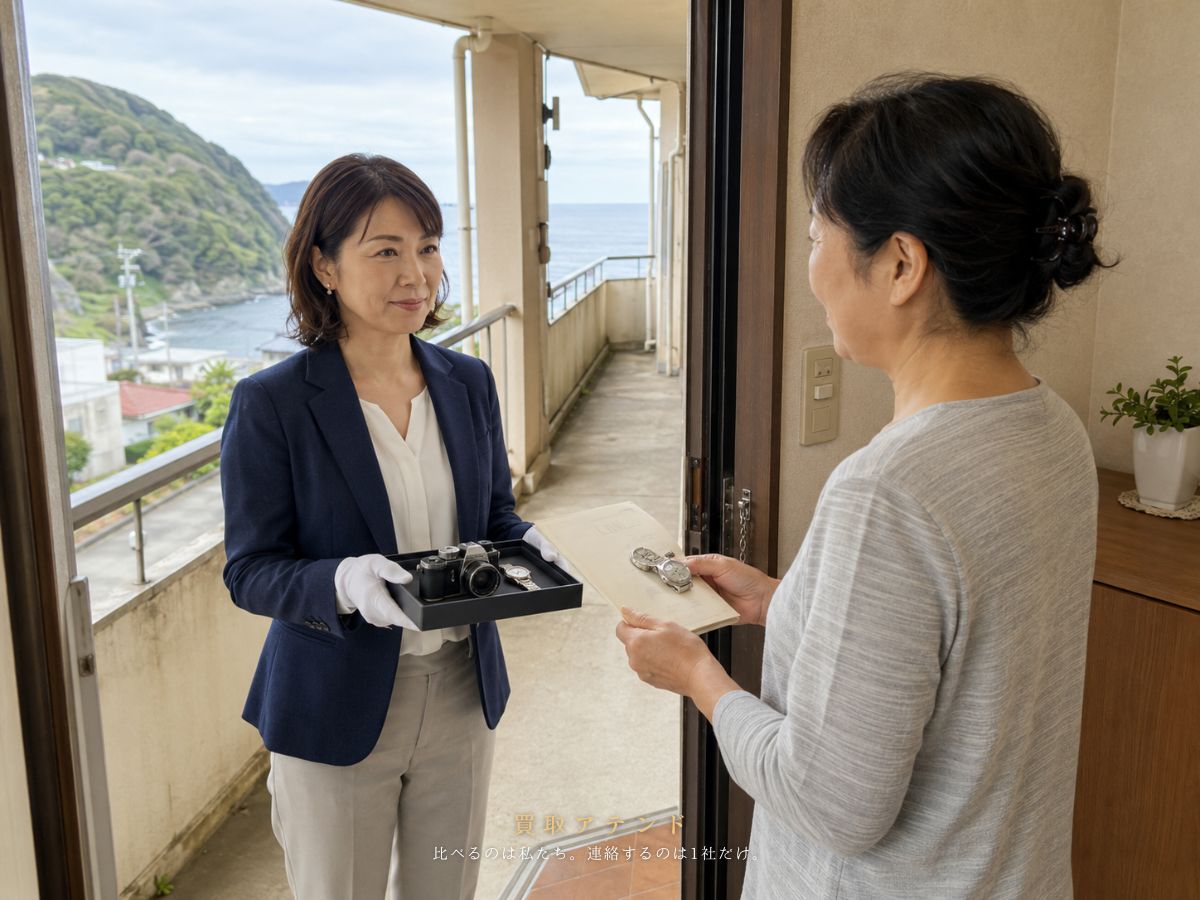 御蔵島村の住宅玄関で日本人スタッフが住人と出張買取の品物を確認しているイメージ