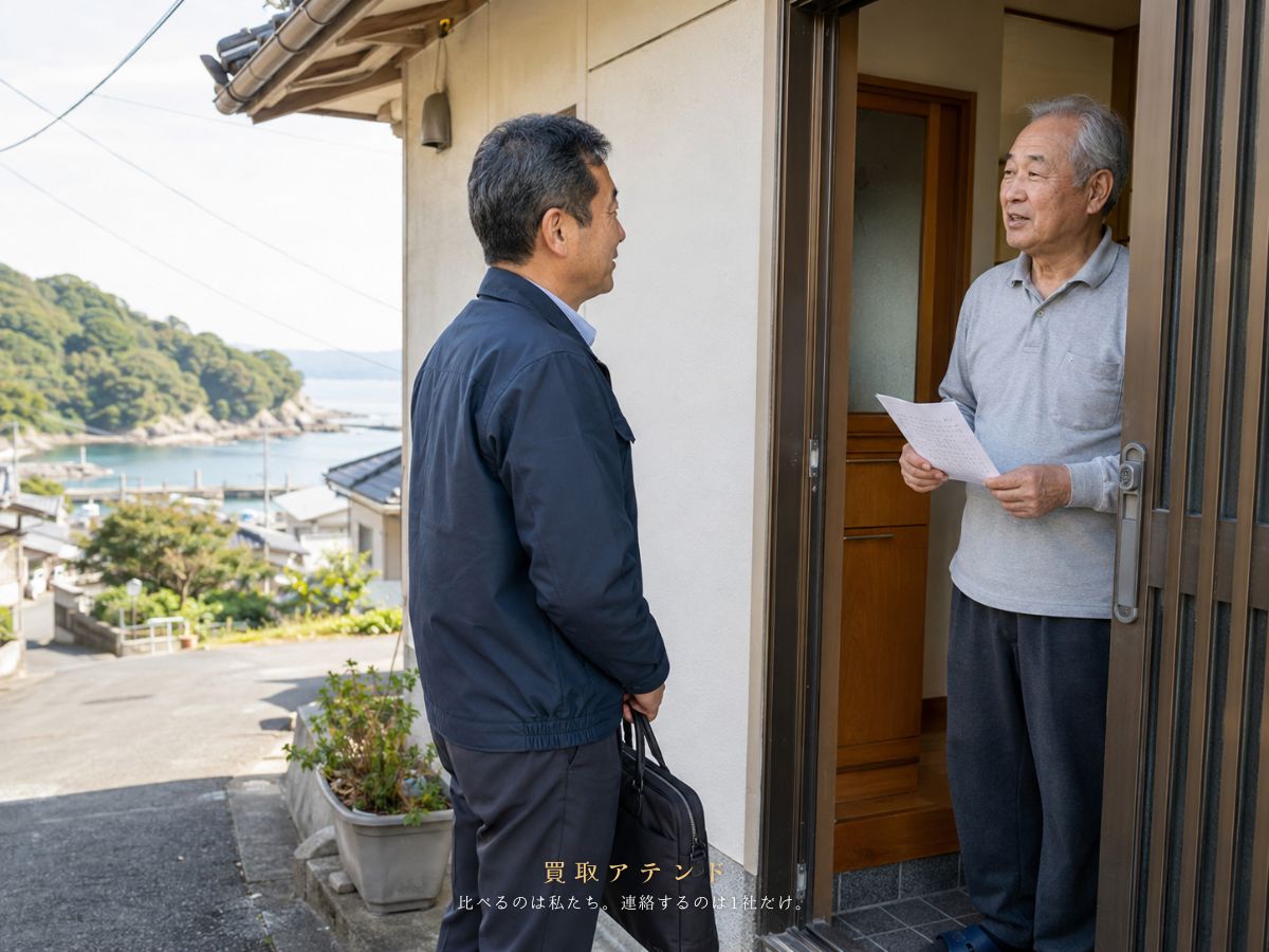 御蔵島港近くの集落にある住宅へ出張買取スタッフが訪問するイメージ