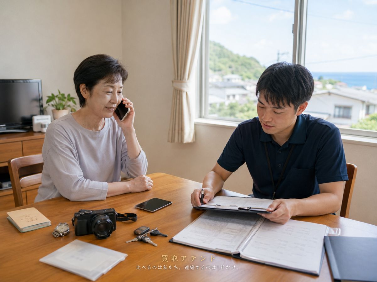 日本人家族が御蔵島村の出張買取相談内容を電話とメモで確認しているイメージ