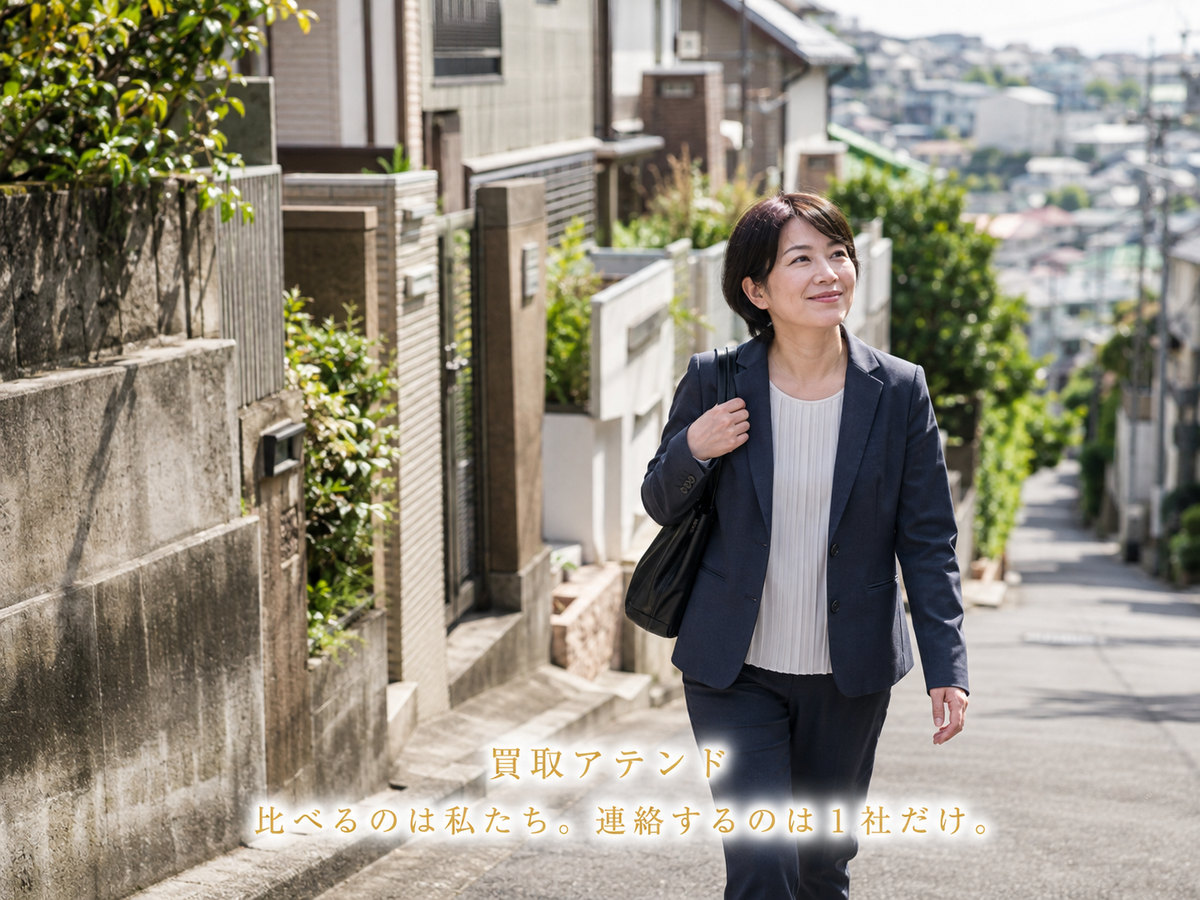 横浜市南区の住宅街へ出張買取スタッフが向かうイメージ 横浜市南区の坂や階段のある住宅街を日本人スタッフが訪問先へ向かうイメージ