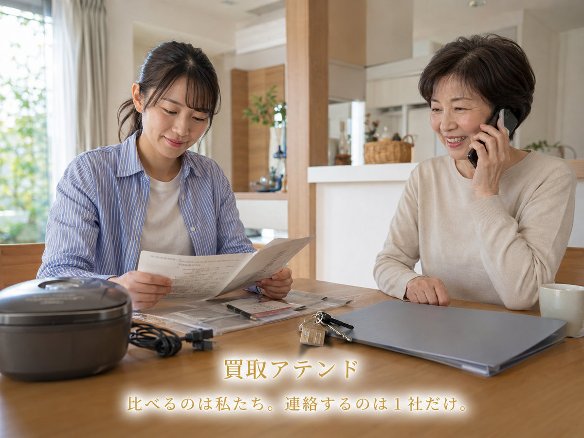 横浜市南区の出張買取相談前に電話と書類を確認するイメージ 日本人家族が横浜市南区の出張買取相談前に電話と書類で訪問条件を確認しているイメージ