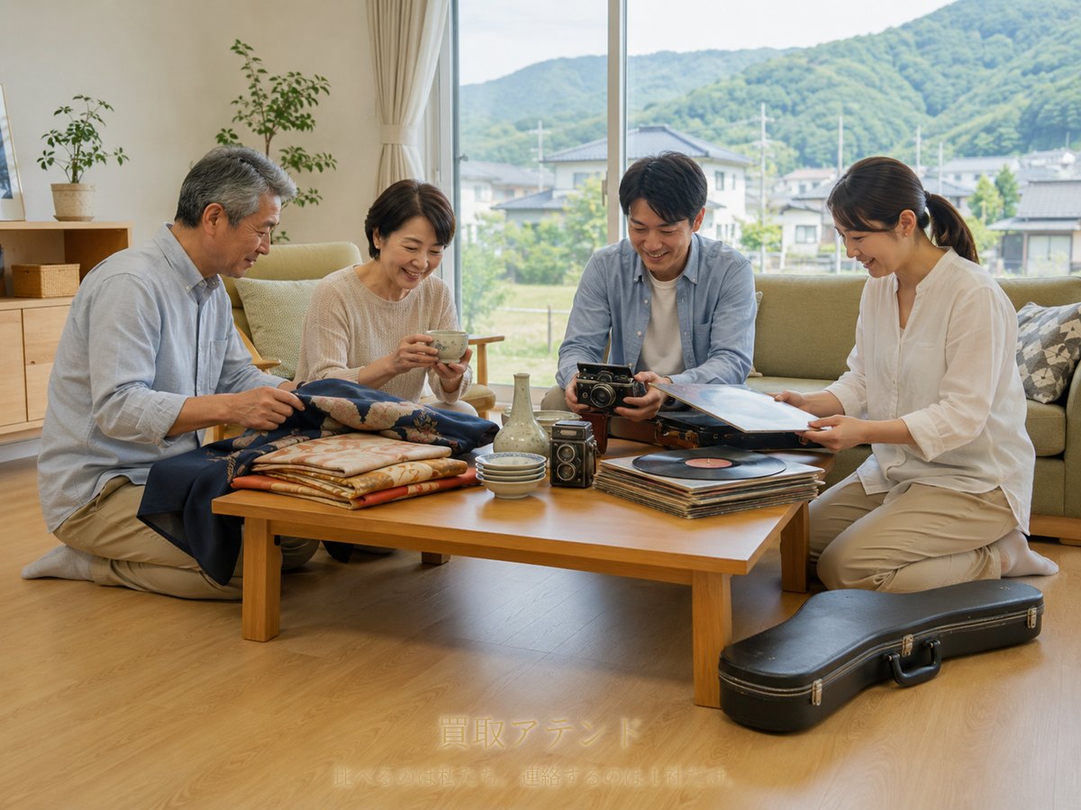 南足柄市の家族で出張買取の相談品を確認するイメージ 南足柄市の戸建てで60代夫婦と30〜40代の家族が着物、食器、カメラ、レコード、楽器ケースを確認しているイメージ