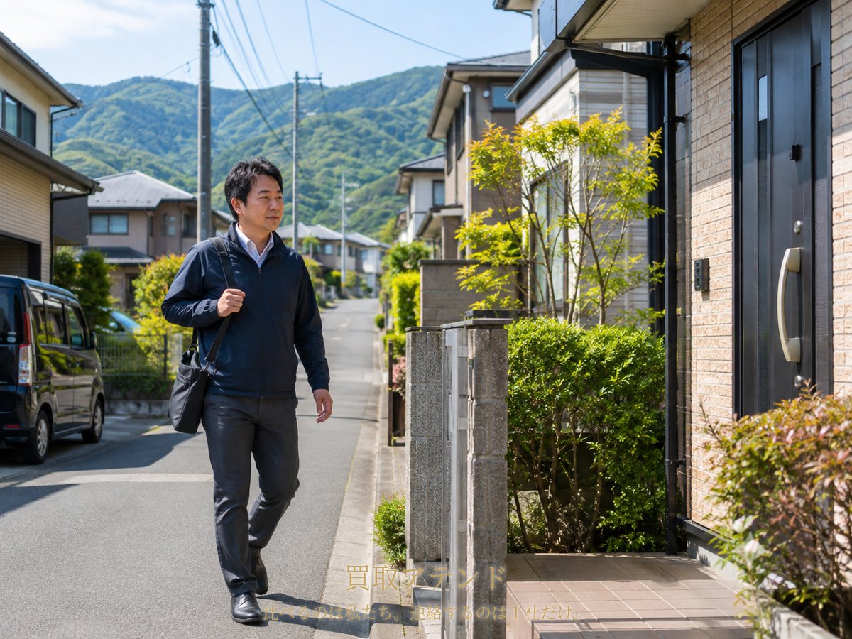 南足柄市の住宅街へ出張買取スタッフが訪問するイメージ 南足柄市の丘陵を望む低層住宅街で40代の日本人スタッフが小型バッグを持って住宅へ向かうイメージ