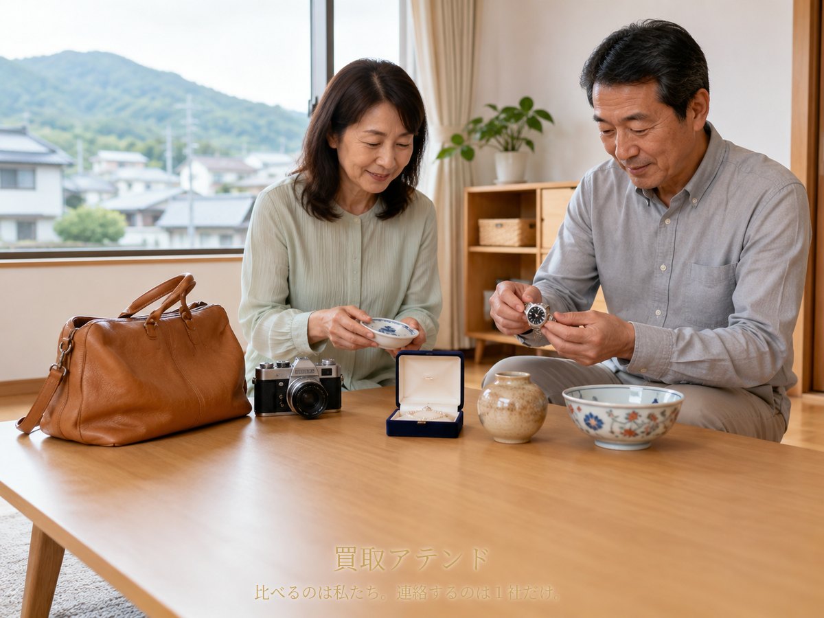 南足柄市の自宅で出張買取を相談する品物 南足柄市の戸建てで50〜60代の日本人夫婦がバッグ、時計、カメラ、ジュエリー、食器を確認しているイメージ