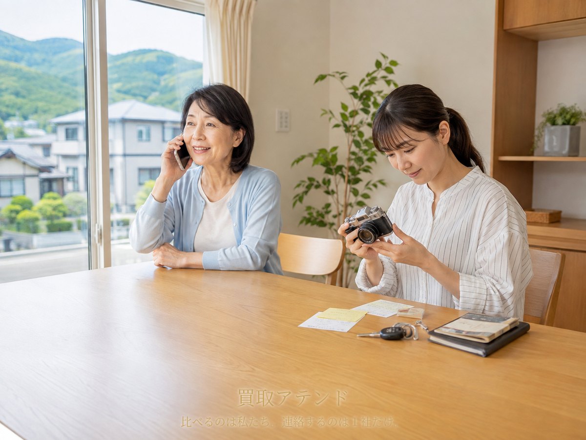南足柄市の出張買取相談前に家族で確認するイメージ 南足柄市の自宅で50〜60代女性が電話をし、20〜30代の家族がカメラ、保証書、鍵、建物条件のメモを確認しているイメージ