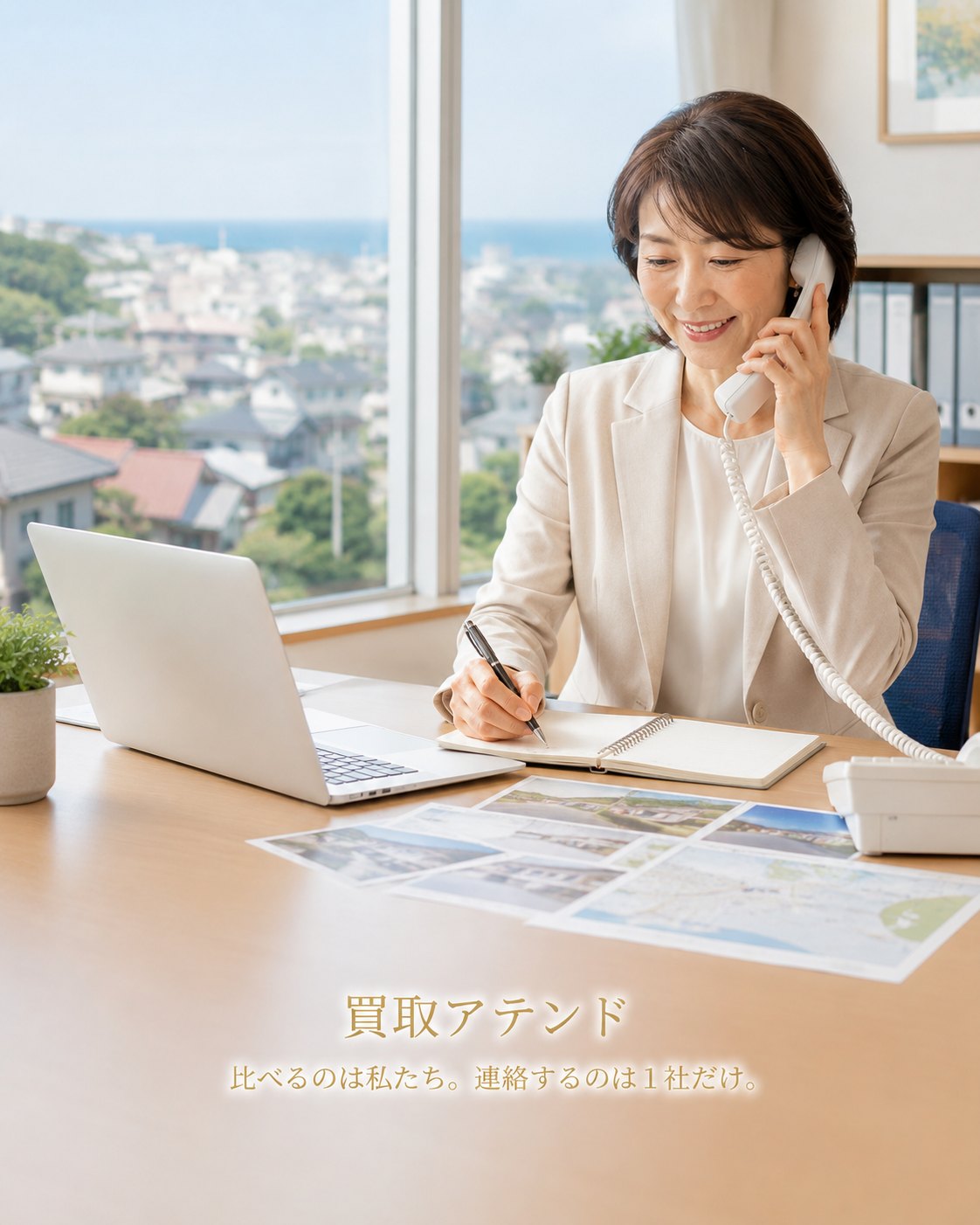 三浦市の出張買取相談を電話で確認するイメージ 日本人女性スタッフが三浦市の丘陵地の住宅条件を資料で確認しながら出張買取相談の電話対応をしているイメージ