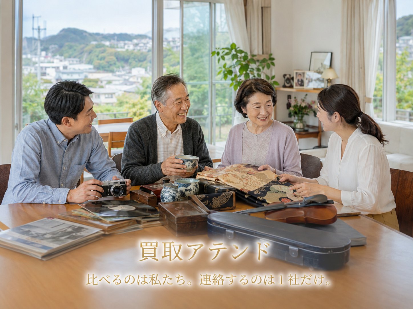 三浦市の自宅で出張買取の相談品を確認するイメージ 三浦市の自宅で日本人夫婦が親族宅の整理について出張買取の相談品を確認しているイメージ
