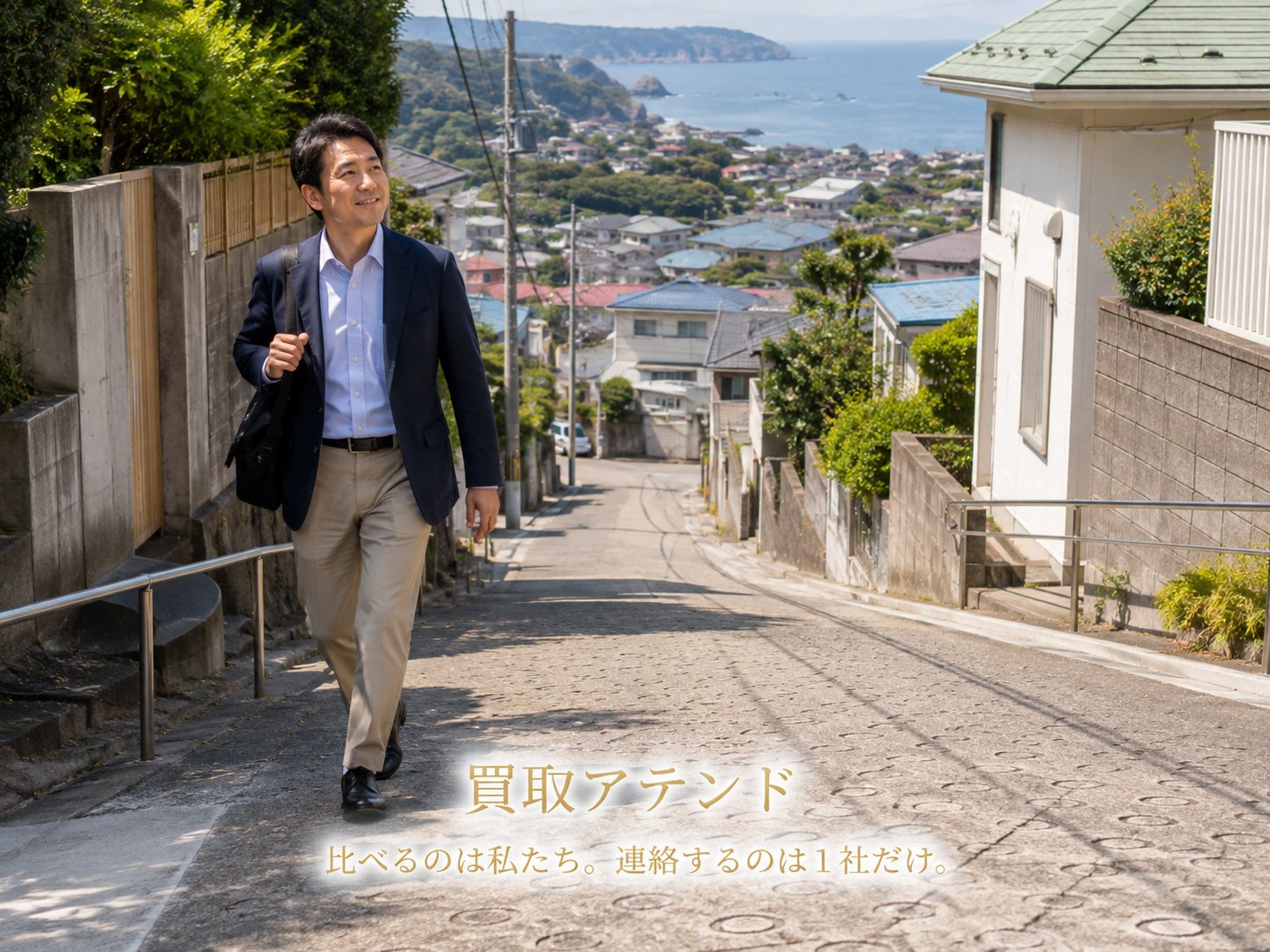 三浦市の住宅街へ出張買取スタッフが訪問するイメージ 日本人スタッフが三浦市の住宅玄関を訪れ出張買取の訪問条件を確認しているイメージ