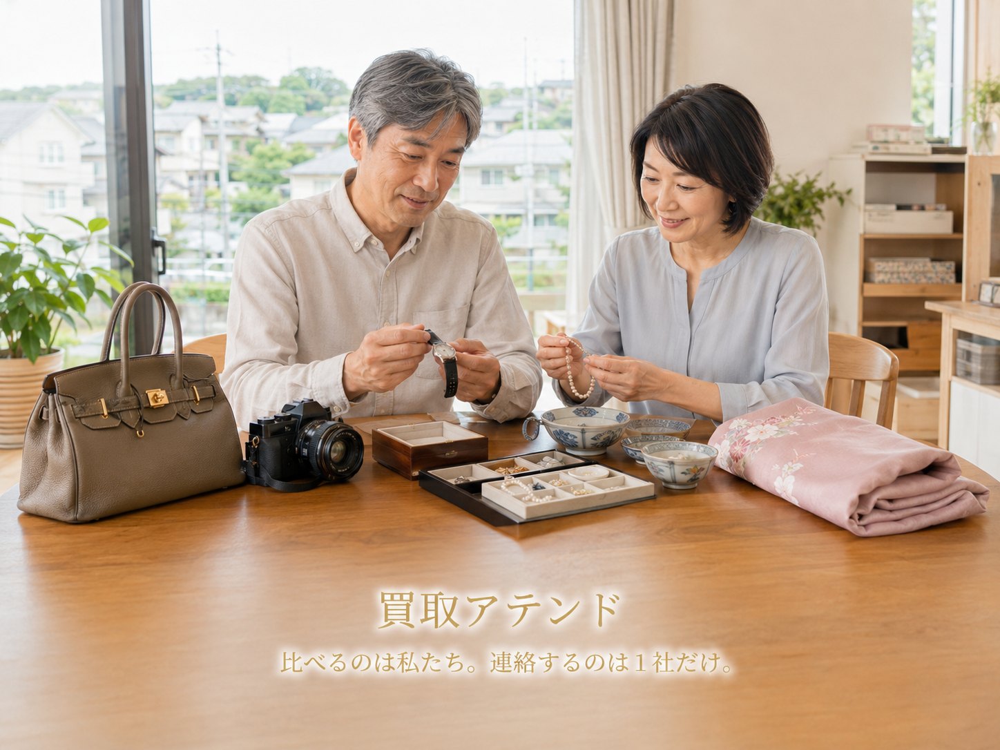 三浦市で出張買取を相談できる品物のイメージ 三浦市の住宅で日本人夫婦がバッグや時計、カメラ、ジュエリー、食器を確認している出張買取相談のイメージ