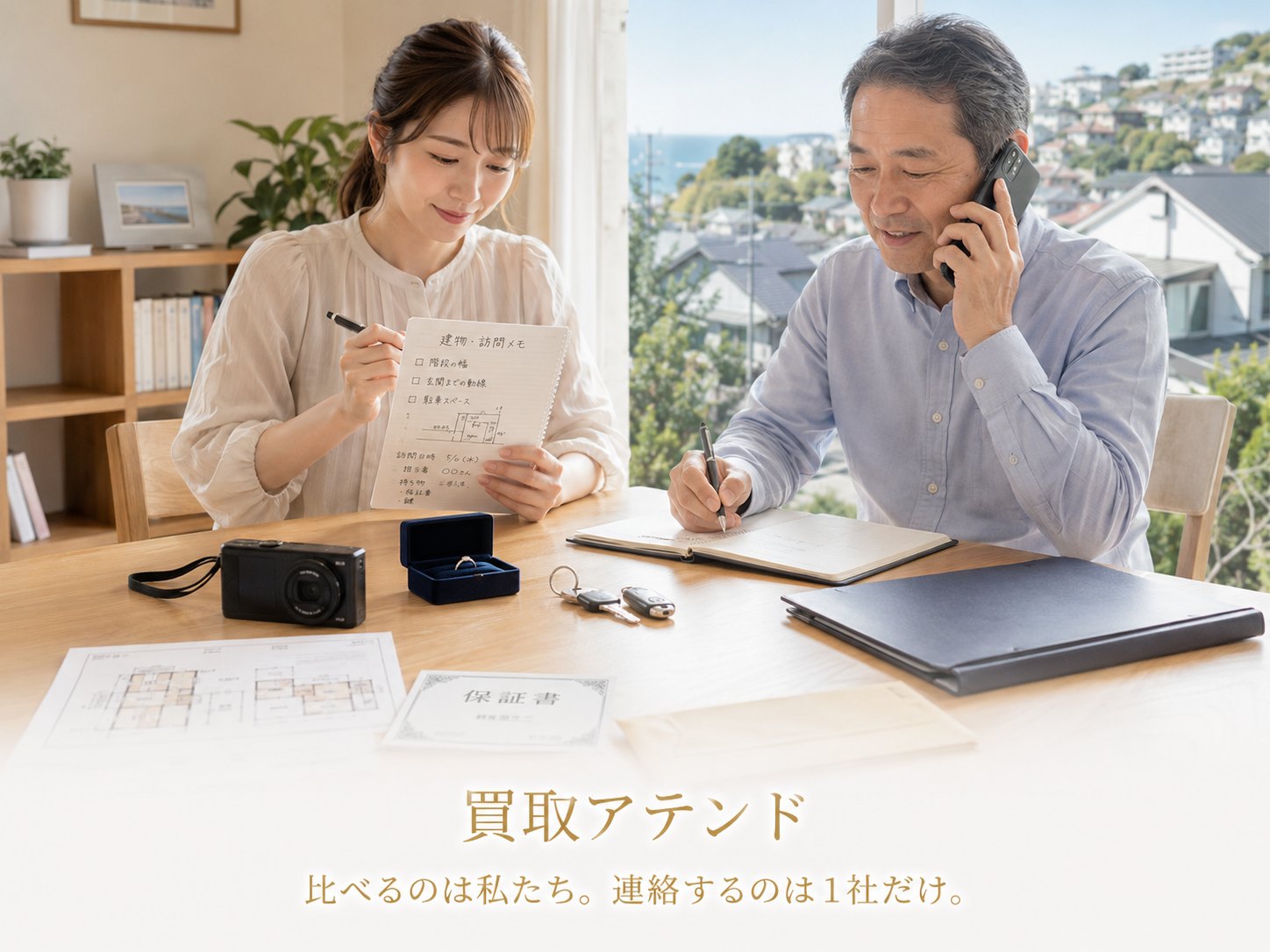 三浦市の出張買取相談前に電話と書類を確認するイメージ 日本人男性が三浦市の出張買取相談で電話しながら品物と書類を確認しているイメージ